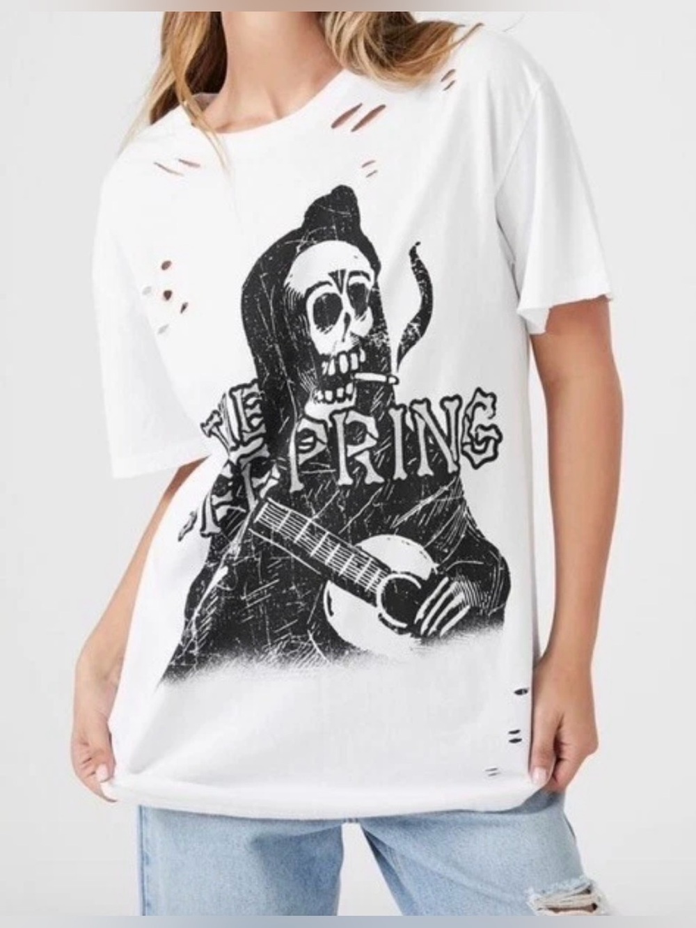The Offspring Glitter Skeleton Grim Reaper Graphic White Tee Shirt.  Sz L/XL